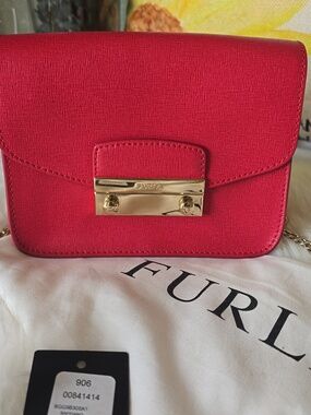 Furla Red Studded Crossbody Bag  Gold Chain Saffiano Leather And Suede Interior